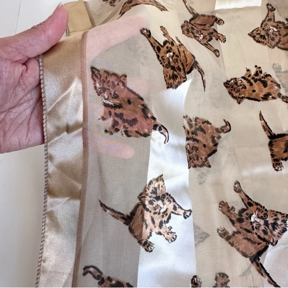 Metallic Gold Cream Chiffon Satin Silky Cat Print Scarf